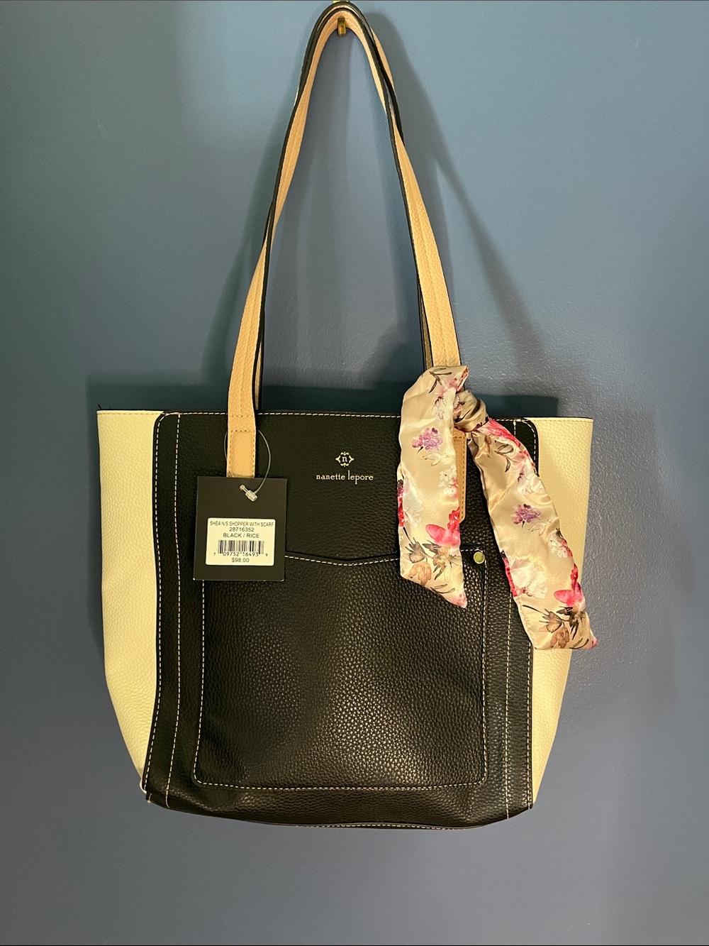 Nanette Lepore Black Cream &  Tan Tote with Floral Scarf Accent NWT Shea shopper